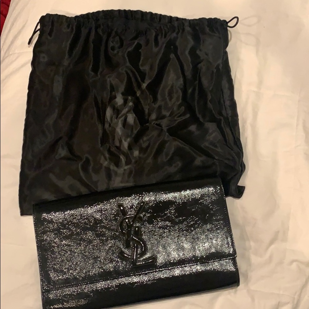 YSL black patent leather clutch